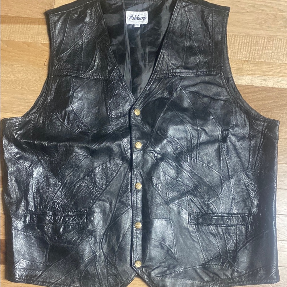 Black Leather Vest with Distressed Finish and V-Neck